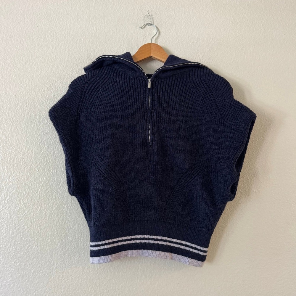 Maeve Anthropologie Quarter Zip Sweater Vest Ribbed Striped XS Navy Excellent